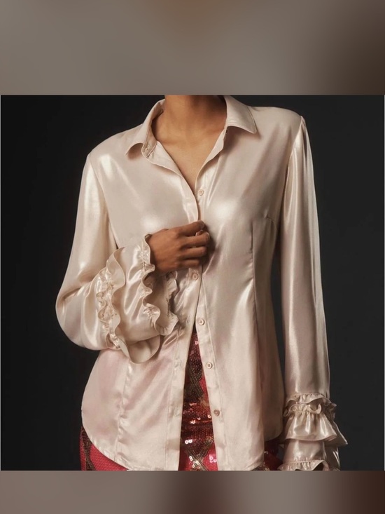 Anthropologie Tops - Anthropologie Maeve Satin Ruffle-Cuff Blouse in Light Blush Size Medium